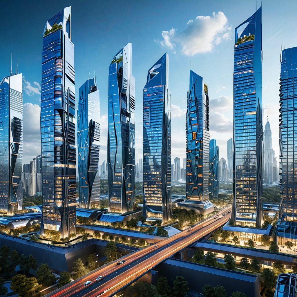 A futuristic cityscape showcasing cutting-edge skyscrapers with unique, inventive designs, seamlessly blending elements of architecture and advanced engineering. Highlight intricate, precise blueprints alongside the buildings to symbolize creativity and precision. The scene should depict a harmonious integration between nature and high technology. super-realistic. vibrant colors.