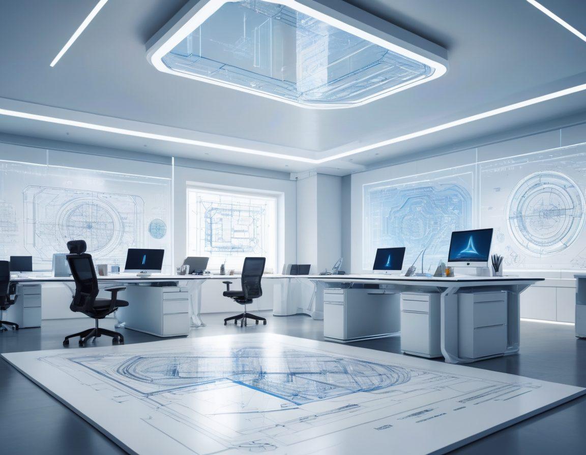 A sleek, futuristic office setting where a professional engineer is intensely focused on a high-tech CAD workstation, designing a complex architectural structure on a massive screen. Intricate blueprints and 3D models float holographically around the room. The atmosphere is dynamic, showcasing innovation and cutting-edge technology. super-realistic. vibrant colors. futuristic. white background.